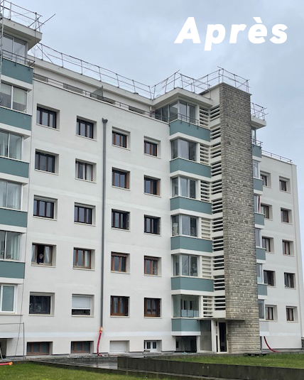 Chantier de rénovation énergétique et d’isolation thermique par l’extérieur réalisé par le Groupe Morin sur la résidence Bel Horizon près de Rouen.